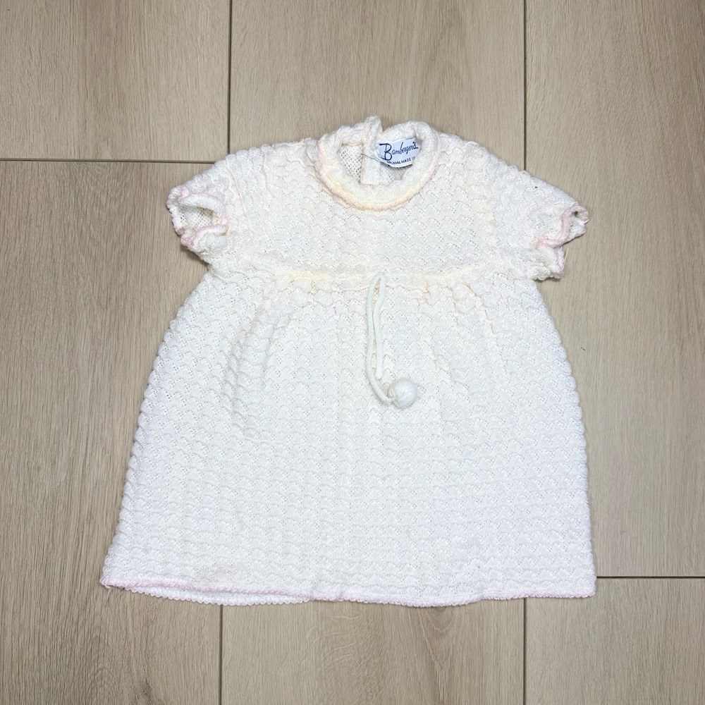 Vintage Baby Dress Barnbergs‎ Japan White Pink Knit Pom Pom Tie 6-12M